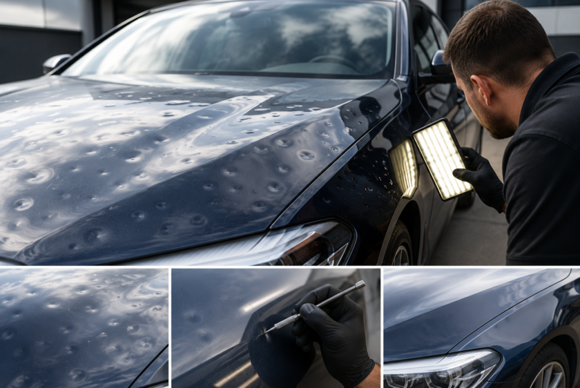 Technician inspecting hail damage on a car after a storm before professional hail damage repair in Melbourne