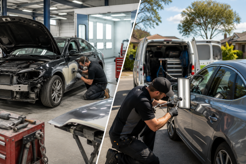 Smash repair technician in a Melbourne workshop compared with mobile dent repair on a car