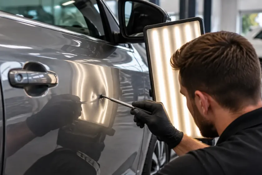 Technician repairing a small car door dent without repainting using paintless dent removal